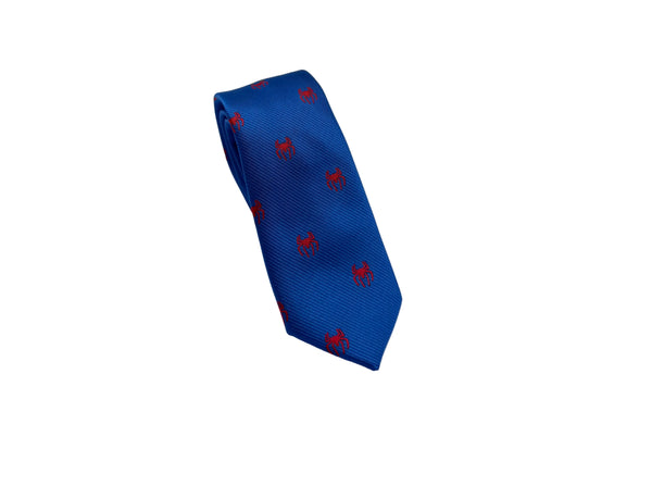 Blue tie with red patterns on a light gray background