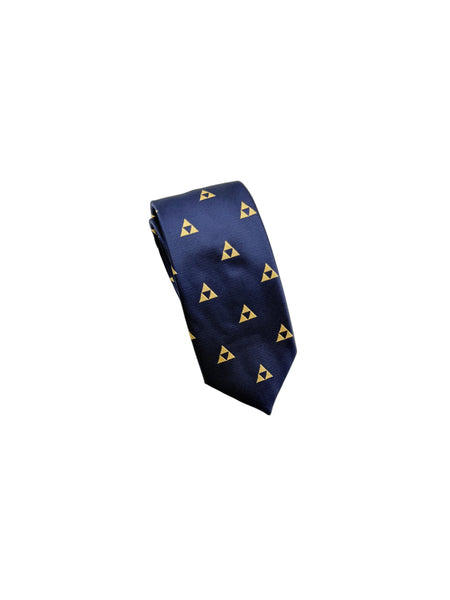 A navy blue silk necktie with a repeating pattern of small gold Triforce logos, displayed on a clean white background.