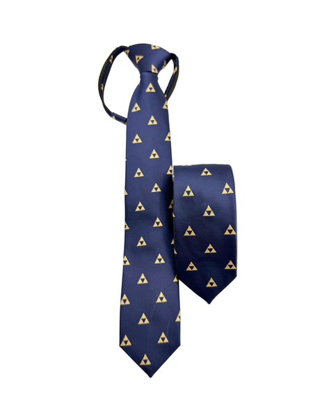 A navy blue necktie with a repeating gold Triforce pattern, displayed alongside its matching fabric tag on a clean white background.