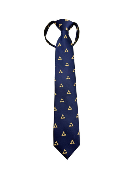 A navy blue necktie with a repeating pattern of small gold triangles, tied in a knot and displayed against a light gray background.