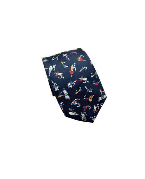 A navy blue necktie with a detailed pattern of colorful fishing hooks, lures, and beads, displayed on a clean white background.