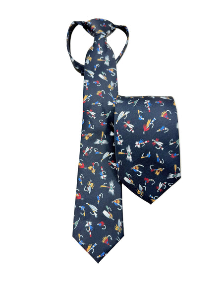 A navy blue necktie with a colorful pattern of fishing lures, hooks, and birds, shown flat against a light gray background.