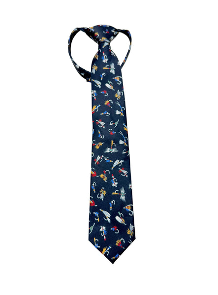 A navy blue necktie with a dense, all-over pattern of colorful flies, shown flat against a plain light gray background.