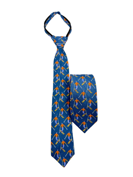 A blue necktie with an allover pattern of skiers in orange and white, displayed flat against a plain white background.