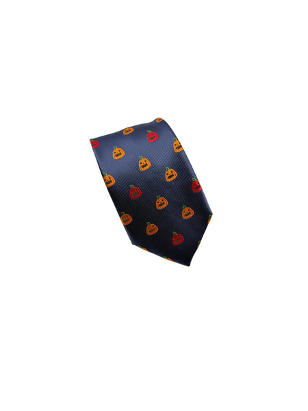 A navy blue necktie with a repeating pattern of small orange and red jack-o'-lantern pumpkins, displayed on a clean white background.